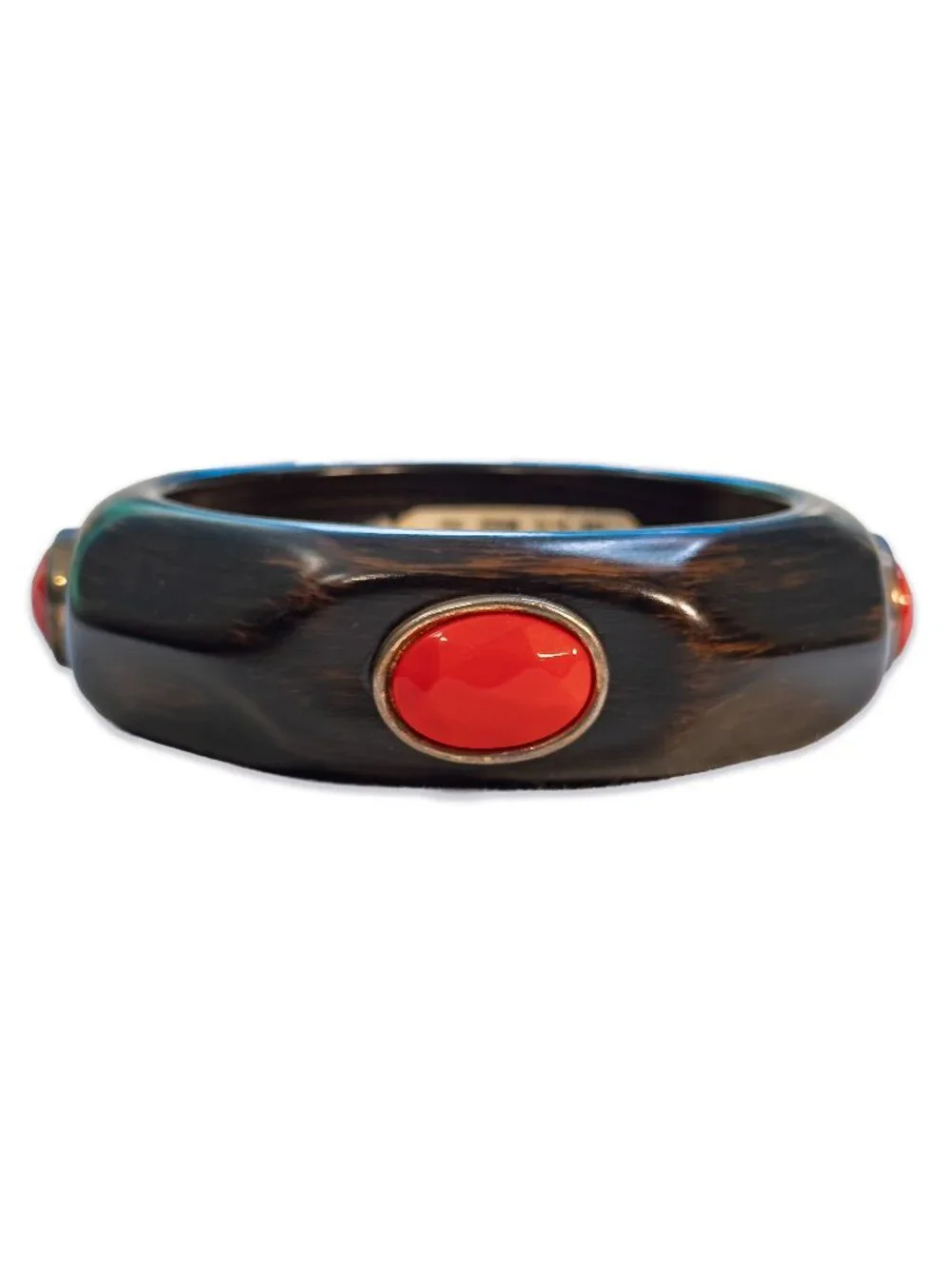 Lucite Faux Wood Bangle Fashion Bracelet with Red Cabochon Inlays